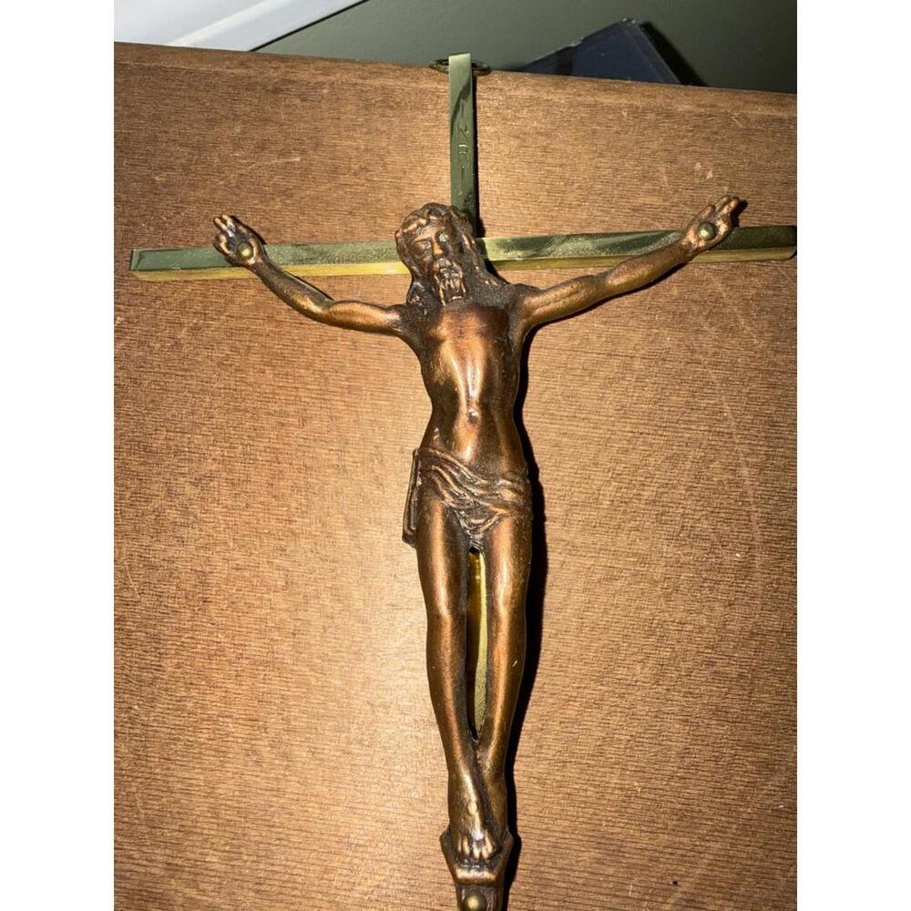 Vintage INRI Brass Crucifix 10" Long Wall Hanging Jesus On The Cross; christian